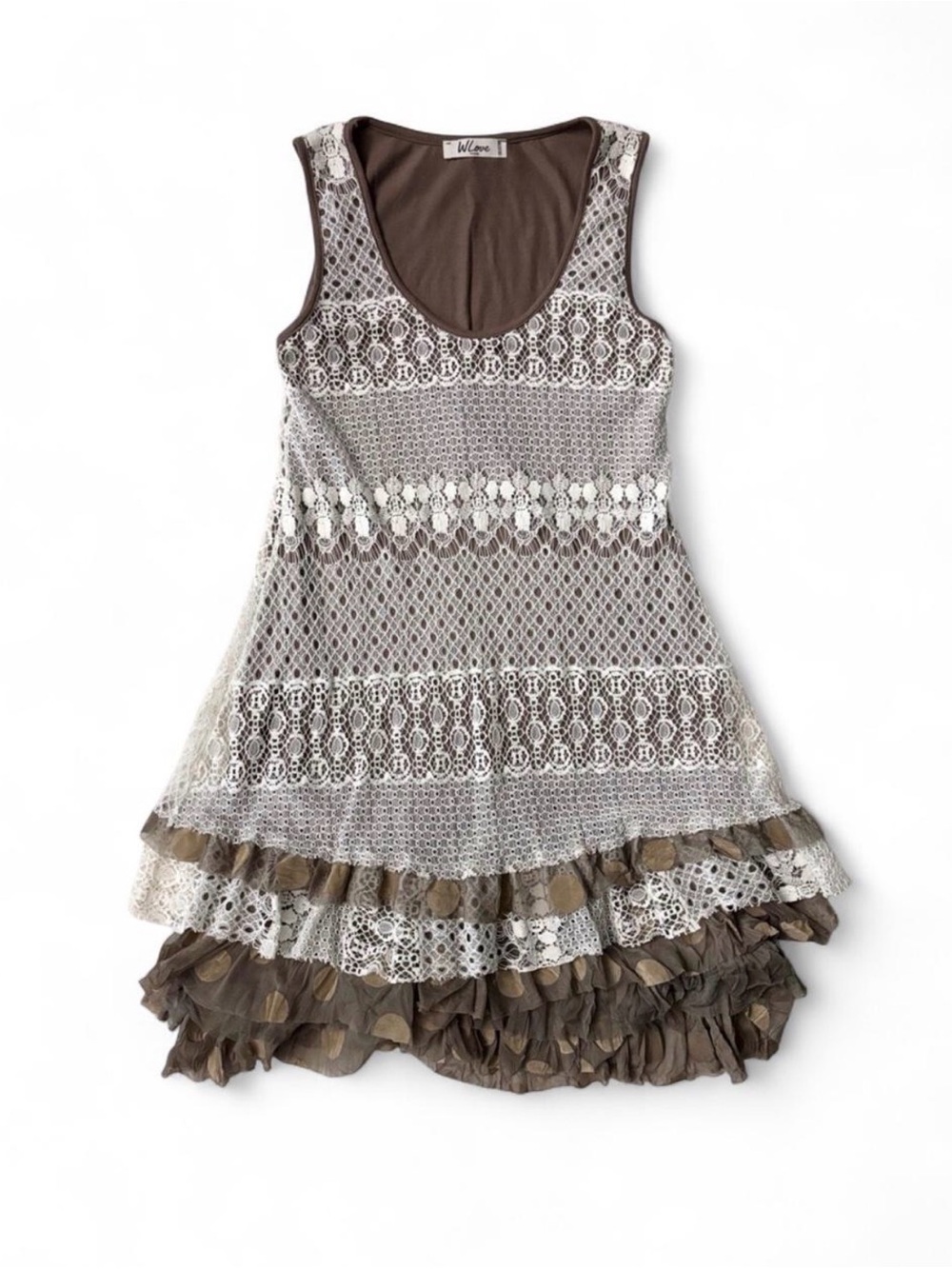 We Love boho lace polka dot ruffle midi swing dress brown white size XS